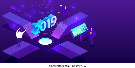 2019 isometric technology cover for business presentation, annual report and new year holiday posters and placards with trendy geometric elements and people. Eps10 vector illustration