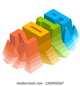 2019 isometry. Decorative volume 
figures. Calendar. Dates. Geology, Mountains.