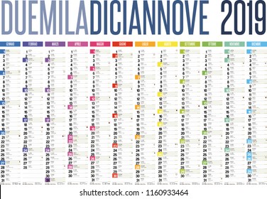 2019 italian calendar with italian holidays, zodiac , saints, moon phases, astronomical events, sunset and sunrise