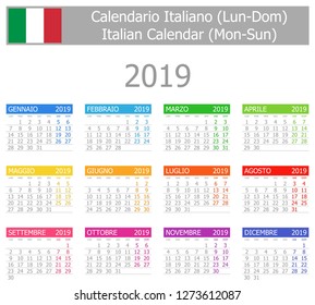 2019 Italian Type-1 Calendar Mon-Sun on white background