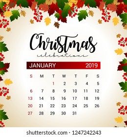 2019 January calendar design template of Christmas or New Year decoration