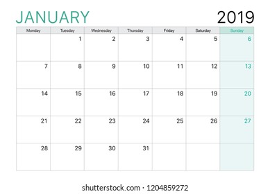 2019 January calendar or desk planner weeks start on Monday, plain white and light green theme