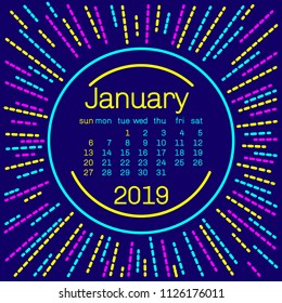 2019. January Calendar page in 80s style poster for concept typography design, flat color. Week starts on Sunday Happy New year. Sun tribal pattern.Vector Illustration.