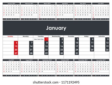 2019 January Calendar Planner. Business Planner Template. A3 size. Stationery Design. Week starts Sunday. 