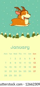 2019 January calendar with welsh corgi dog on snow christmas tree forest background