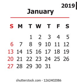 2019 january month calendar