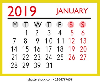 2019 january monthly calendar