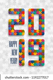 2019 jigsaw puzzle background with many colorful pieces. Happy New Year card design. Abstract mosaic template. Vector illustration.