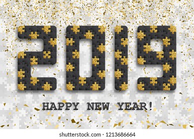 2019 jigsaw puzzle background with many golden glitter and black pieces. Happy New Year card design. Abstract mosaic template. Vector illustration.