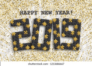 2019 jigsaw puzzle background with many golden glitter and black pieces. Happy New Year card design. Abstract mosaic template. Vector illustration.
