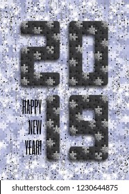 2019 jigsaw puzzle background with many silver glitter and black pieces. Happy New Year card design. Abstract mosaic template. Vector illustration.