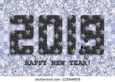 2019 jigsaw puzzle background with many silver glitter and black pieces. Happy New Year card design. Abstract mosaic template. Vector illustration.