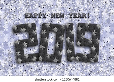2019 jigsaw puzzle background with many silver glitter and black pieces. Happy New Year card design. Abstract mosaic template. Vector illustration.