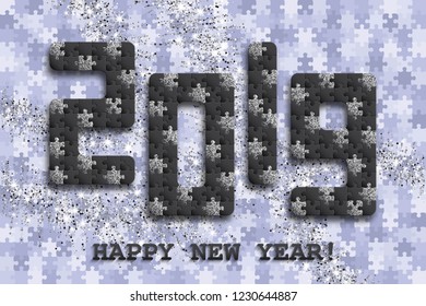 2019 jigsaw puzzle background with many silver glitter and black pieces. Happy New Year card design. Abstract mosaic template. Vector illustration.