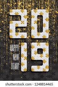 2019 jigsaw puzzle background with many golden glitter and black pieces. Happy New Year card design. Abstract mosaic template. Vector illustration.