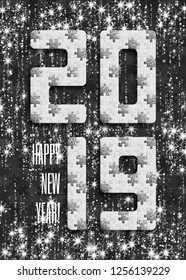 2019 jigsaw puzzle background with many silver glitter and white pieces. Happy New Year card design.  Abstract mosaic template. Vector illustration.