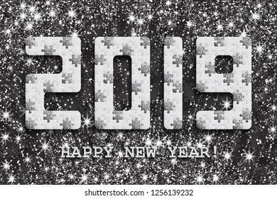 2019 jigsaw puzzle background with many silver glitter and white pieces. Happy New Year card design.  Abstract mosaic template. Vector illustration.