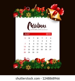 2019 July calendar design template of Christmas or New Year decoration