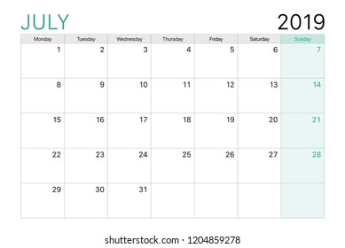 2019 July calendar or desk planner weeks start on Monday, plain white and light green theme