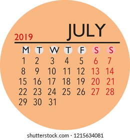 2019 july month calendar vector