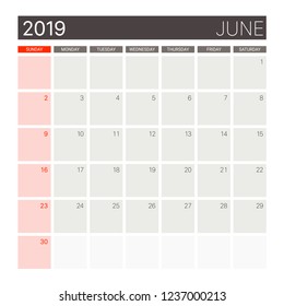 2019 June calendar or desk planner weeks start on Sunday, gray theme square proportion