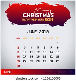 2019 June Calendar Template. merry Christmas and Happy new year Red Header background