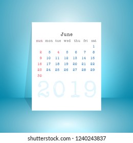2019 June calendar, vector illustration