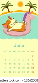 2019 June calendar with welsh corgi dog on unicorn rubber ring on ocean and beach background