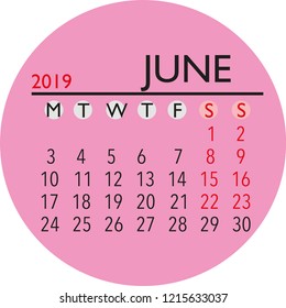 2019 june month calendar vector