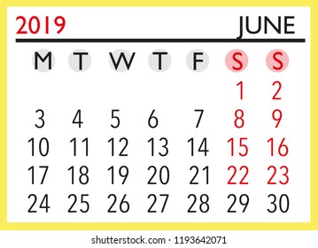 2019 june monthly calendar vector