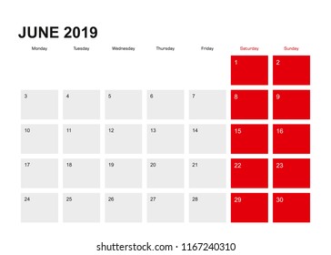 2019 June planner calendar design. Week starts from Monday. Vector illustration.