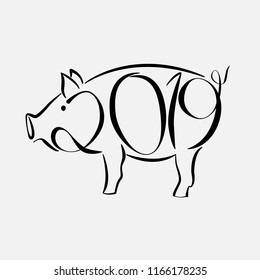 2019 lettering in drawn pig. 2019 year of pig. Lettering logo. Decorative element for calendar. Stock vector illustration.