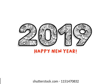 2019 Lettering, Happy New Year Greeting. Calendar Front Cover, Horizontal Slogan with Chinese Zodiac Xmas Holiday, Doodle Nombers with Black Ornament, Red Inscription. Notepad Isolated Print.
