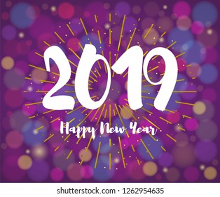 2019 lettering. Happy New Year banner. Cartoon numbers isolated on a violet colorful bokeh background. Glossy concept design for Xmas winter holidays. Vector illustration EPS10 file.