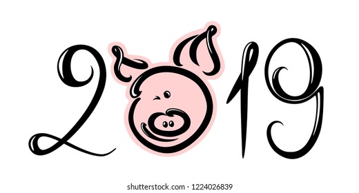 2019, lettering inscription with a smiling cartoon pig instead of the letter O