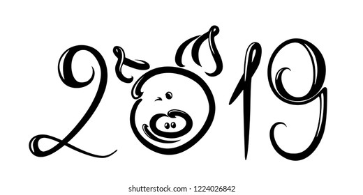 2019, lettering inscription with a smiling cartoon pig instead of the letter O