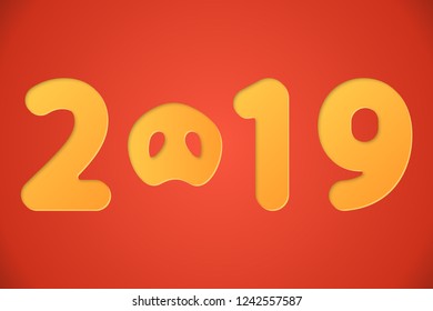 2019 lettering with pig nose, zodiac sign as animal symbol of happy chinese new year, papercut art style, stock vector illustration clipart