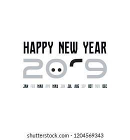 2019 logo design element. A cute Pig face.  January to December 12 month. Simple, clear symbol. Happy New Year 2019 Text Design Patter, Vector illustration.