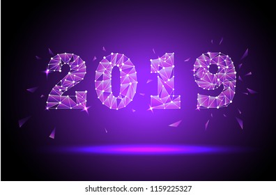 2019 low poly illustration, holiday light vector, grid on purple background
