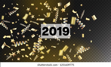 2019 Luxury Confetti, Isolated Stars, Tinsel Falling. Cool Premium Christmas, New Year, Birthday Party Holiday Pattern. Horizontal Magic Sparkles Background. Luxury Confetti, Isolated Gold