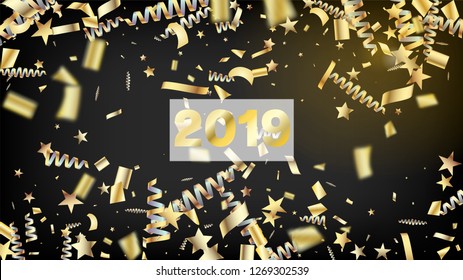 2019 Luxury Confetti, Isolated Stars, Tinsel Falling. Horizontal Dotted Sparkles Background. Cool Glamour Christmas, New Year, Birthday Party Holiday Pattern. Luxury Confetti, Isolated Gold