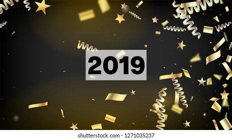 2019 Luxury Confetti, Isolated Stars, Tinsel Falling. Cool Premium Christmas, New Year, Birthday Party Holiday Scatter. Horizontal Shiny Shapes Background. Luxury Confetti, Isolated Gold