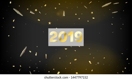 2019 Luxury Confetti, Isolated Stars, Tinsel Falling. Cool Glamour Christmas, New Year, Birthday Party Holiday Texture. Horizontal Bright Streamers Background. Luxury Confetti, Isolated Gold