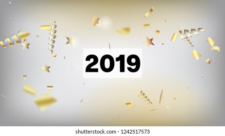 2019 Magic Glitter Confetti, Golden Foil Tinsel Trail. Horizontal Magic Explosion Background. Cool Luxury Christmas, New Year, Birthday Party Holiday Scatter. Magic Glitter Confetti Tinsel