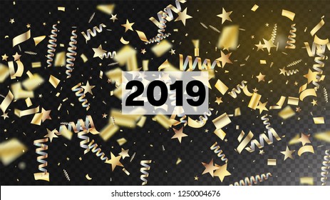 2019 Magic Glitter Confetti, Golden Foil Tinsel Trail. Cool Platinum Christmas, New Year, Birthday Party Holiday Frame. Horizontal Mystical Bokeh Background. Magic Glitter Confetti Tinsel