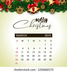 2019 March calendar design template of Christmas or New Year decoration