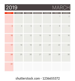 2019 March calendar or desk planner weeks start on Sunday, gray theme square proportion