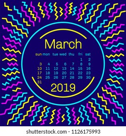 2019. March Calendar page in 80s style poster for concept typography design, flat color. Week starts on Sunday Happy New year. Sun tribal pattern.Vector Illustration.