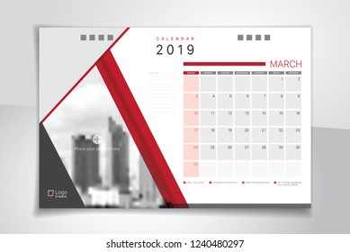 2019 March illustration vector desk calendar weeks start on Sunday, red and white theme with space for your picture