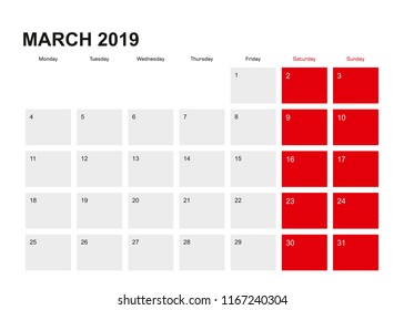 2019 March planner calendar design. Week starts from Monday. Vector illustration.
